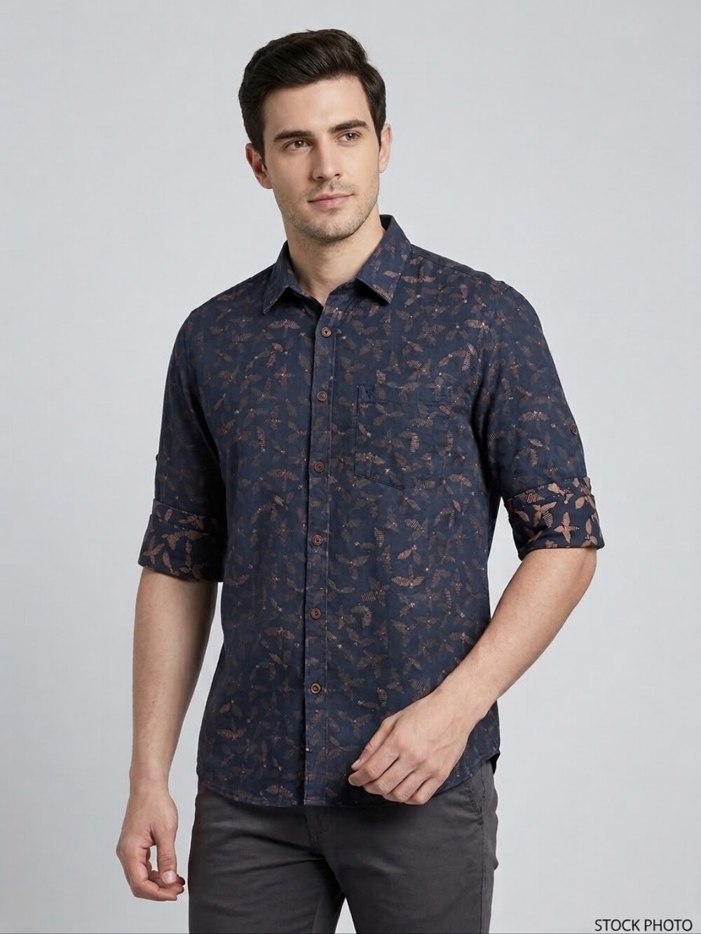 Indian Terrain Mens L Slim Fit Linen Cotton Abstract Button Up Shirt